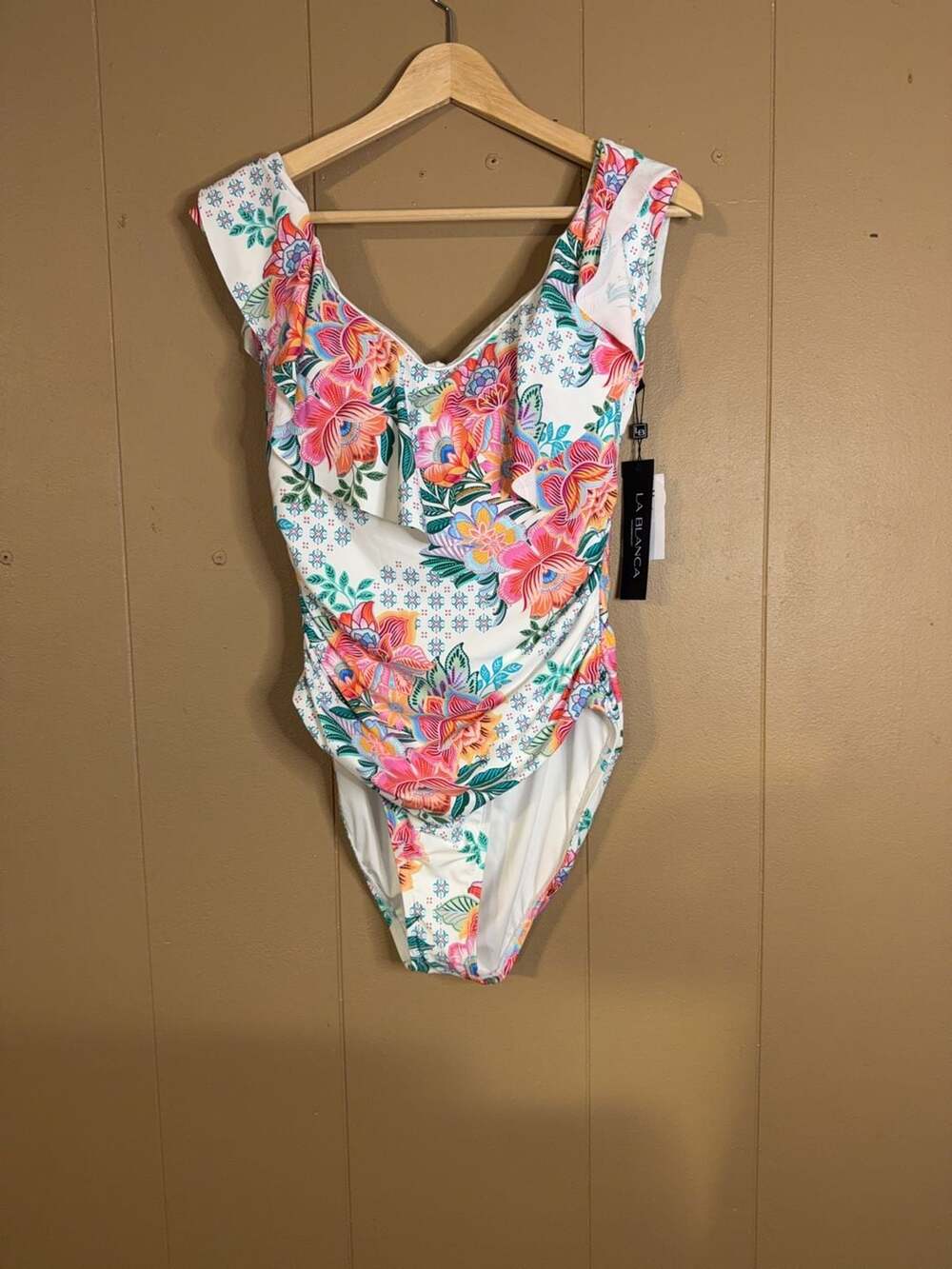 La Blanca Floral Ruffle One-Piece Swimsuit Size 14